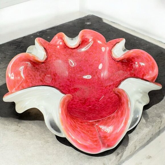 Venetian Murano Glass Folded Edges Ashtray Dish Bowl White Magenta Center Italy - Picture 2 of 16